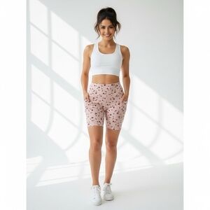 Saresa Floral Biker Shorts Size Large - High Waisted Pink & Red with Pockets